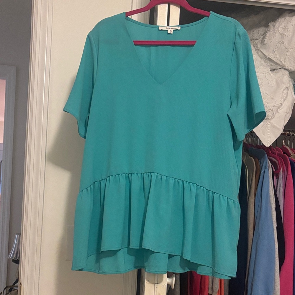 Teal V-Neck Peplum Women's Top
